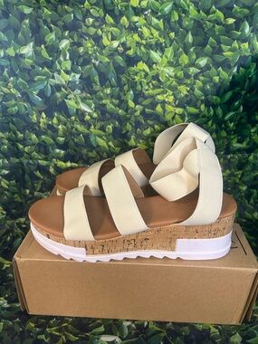 Latigo Cream Elastic Strap Cork Wedge Sandals